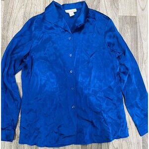 VTG Anna and Frank 100% Silk Blouse L Cobalt Blue 90s Quiet Luxury Office Siren